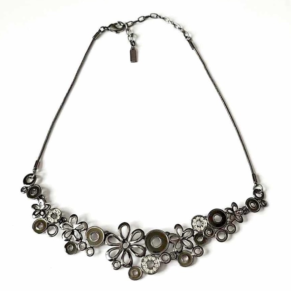 SPOUTNIK Titanium Black Chain Link Circles & Floral Shapes Rhinestone Necklace - Picture 6 of 8